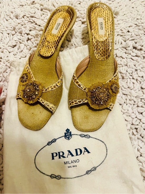 Prada Shoes - Prada Gold Textured Jute & Python Snakeskin Women’s Heels